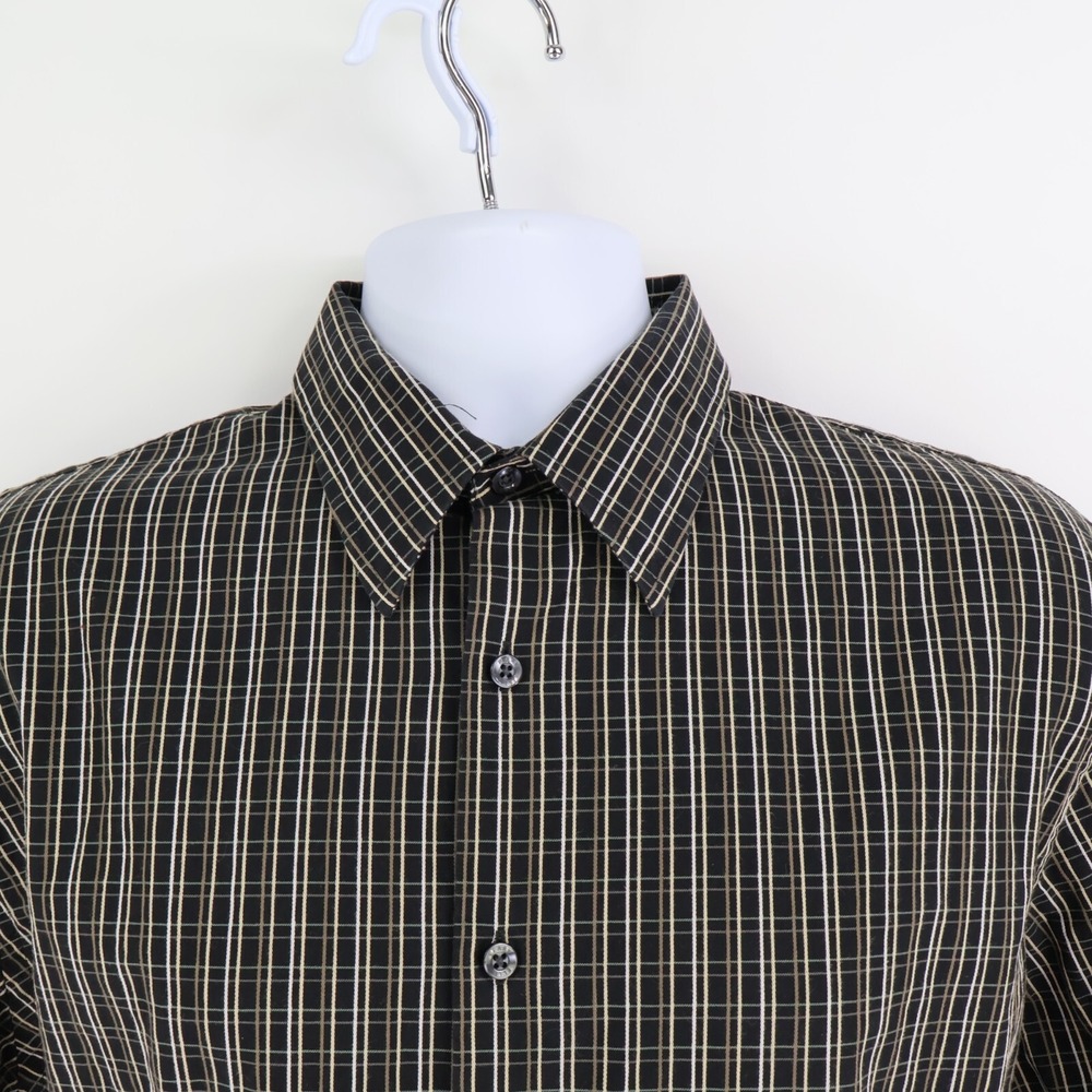 Perry Ellis Dress Shirt Mens Size L Black Plaid 100% Cotton Point Collar
